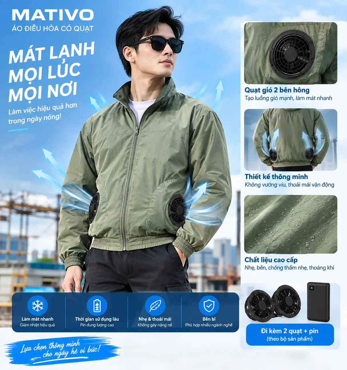 Người mặc áo điều hòa MATIVO X24 trong môi trường làm việc ngoài trời