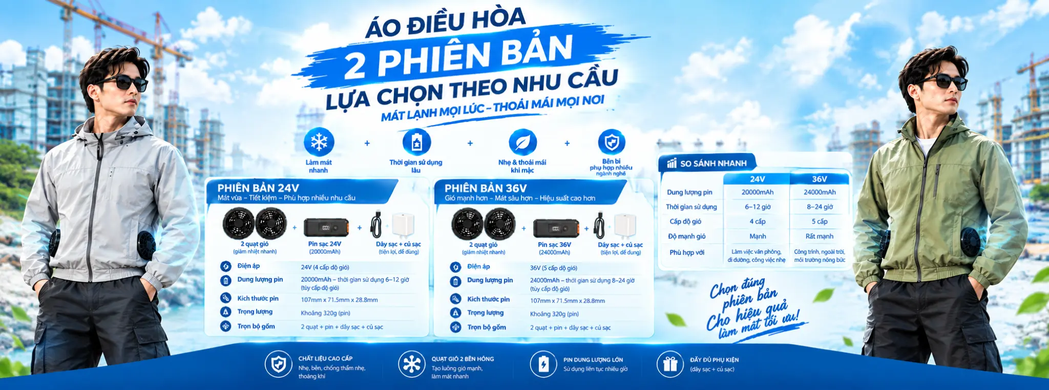 Banner ngang so sánh hai phiên bản áo điều hòa MATIVO X24 và X36