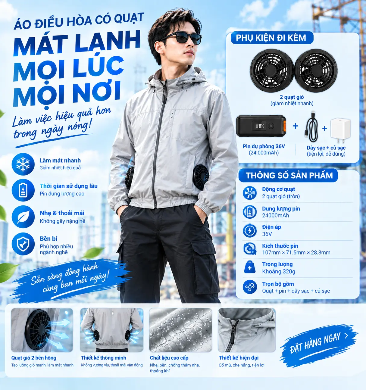 Người mặc áo điều hòa MATIVO X36 cùng quạt, pin và phụ kiện đi kèm